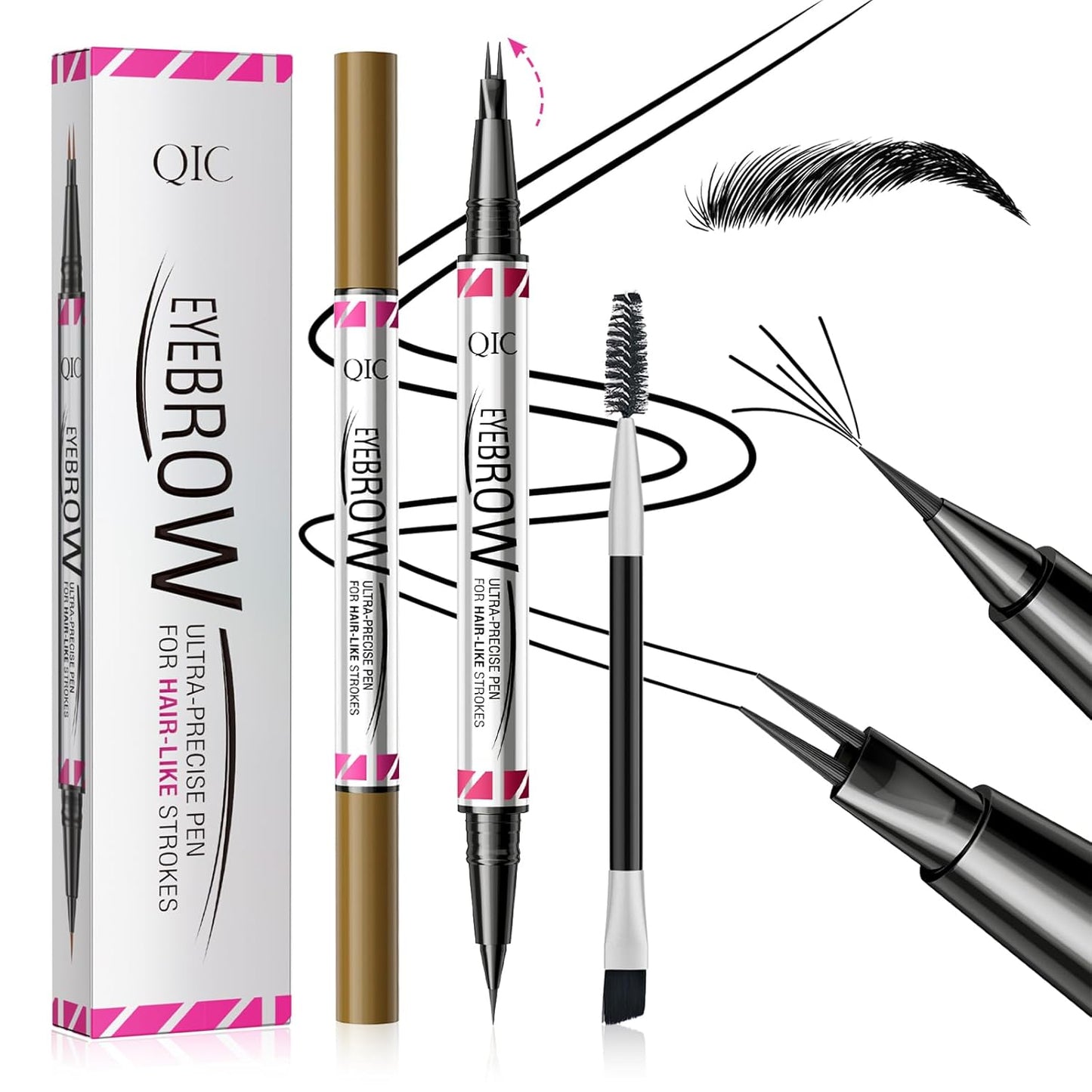 Microblading Eyebrow Pencils for Women - Eyebrow Pen 2-in-1 Dual-Ended Eye Brow Pencil with Precise 2-Fork-Tip & Brush-Tip Waterproof Eyebrow Pen for Hair-Like Brows, Last All Day, Black