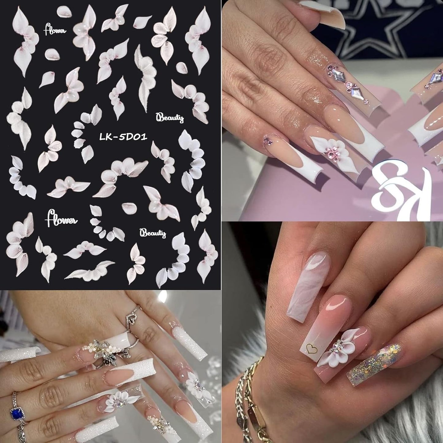 6 Sheets Flower Nail Stickers for Nail Art 5D Embossed Engraved Nails Decals 3D Spring Summer Supplies Accessories Self-Adhesive Nails DIY Design Decoration for Women and Girls