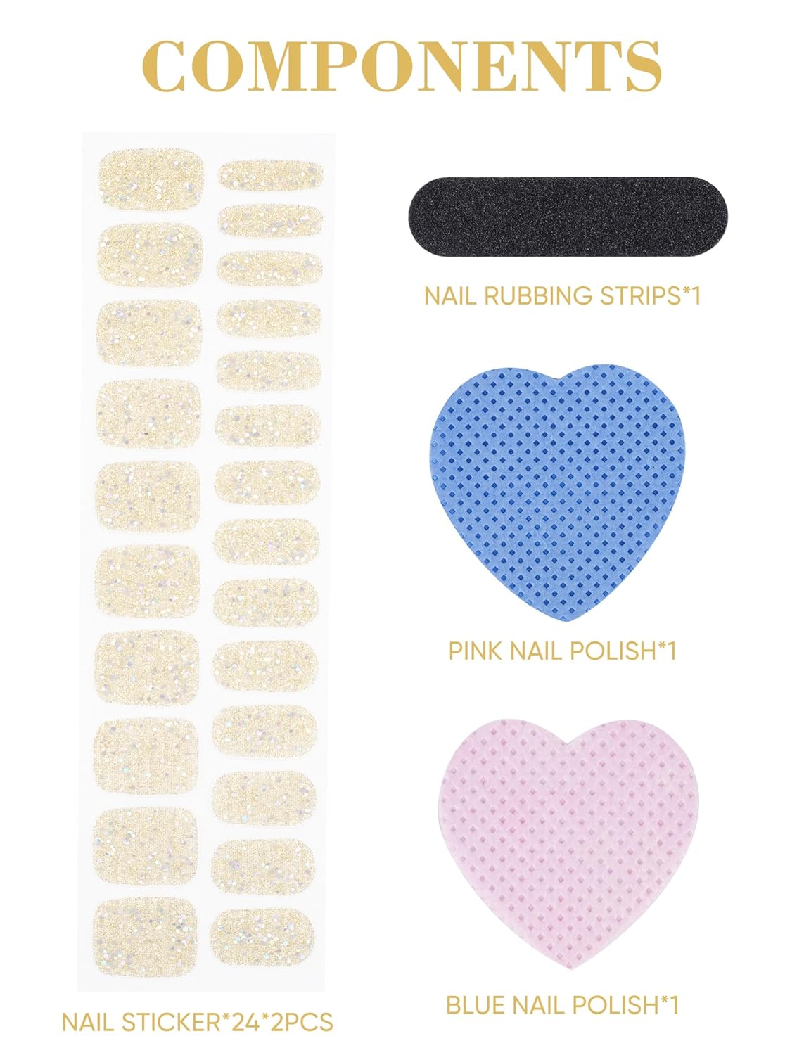 UV-Free Self-Adhesive Nail Art Design Stickers with Nail Files, 48 Pcs Stick on Semi Cured Gel Nail Polish Strips Wraps for Women (Gold)(Gold)