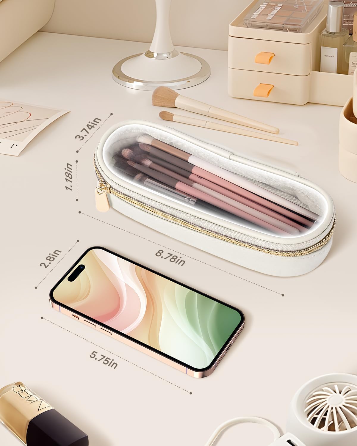 Clear Travel Makeup Brush Holder, Leather Makeup Brush Toiletry Bag, Portable Cosmetic Brush Case, Transparent Waterproof Makeup Brush Storage Bag, White, Large