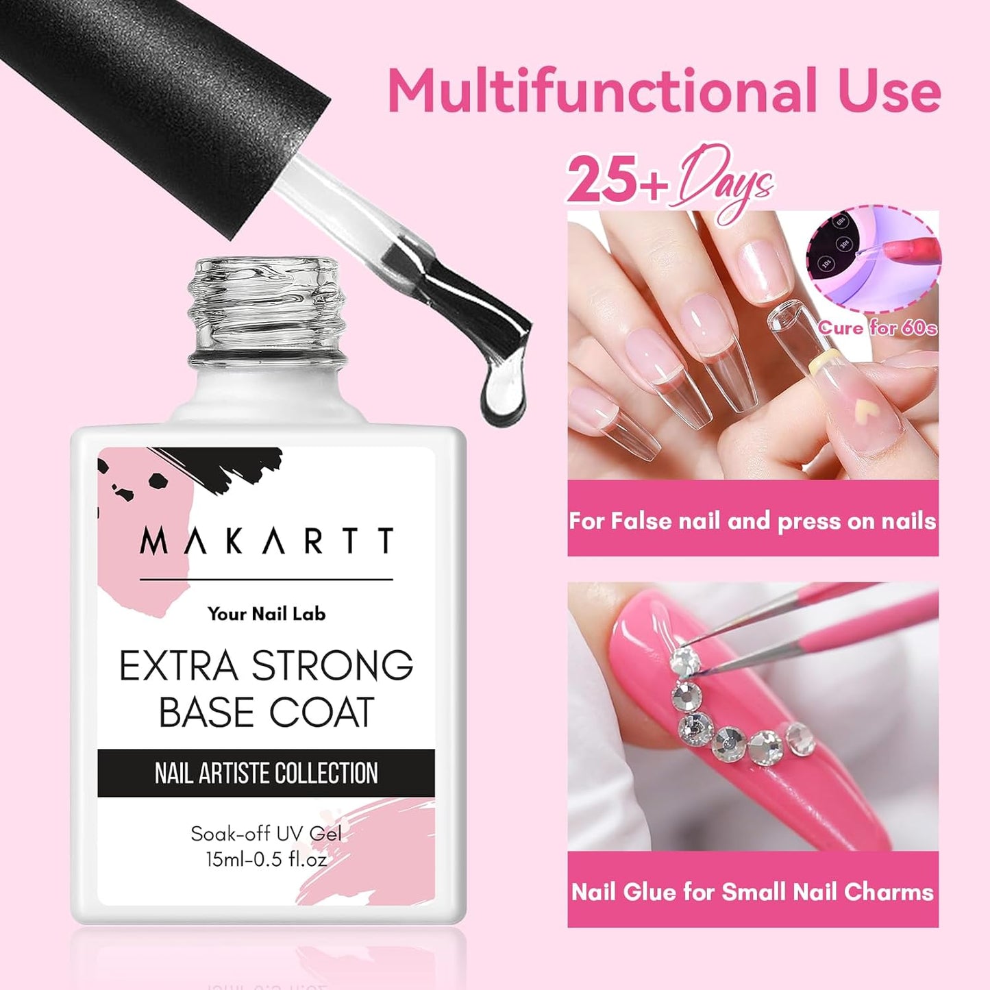 Makartt Gel Top and Base Coat Set: 2-Piece Gel Polish Kit with Nail Art Brush, 15ml Strong Base Gel and 8ml Glossy Hard Top Coat, Long-Lasting Formula for Salon Use, Requires UV/LED Lamp