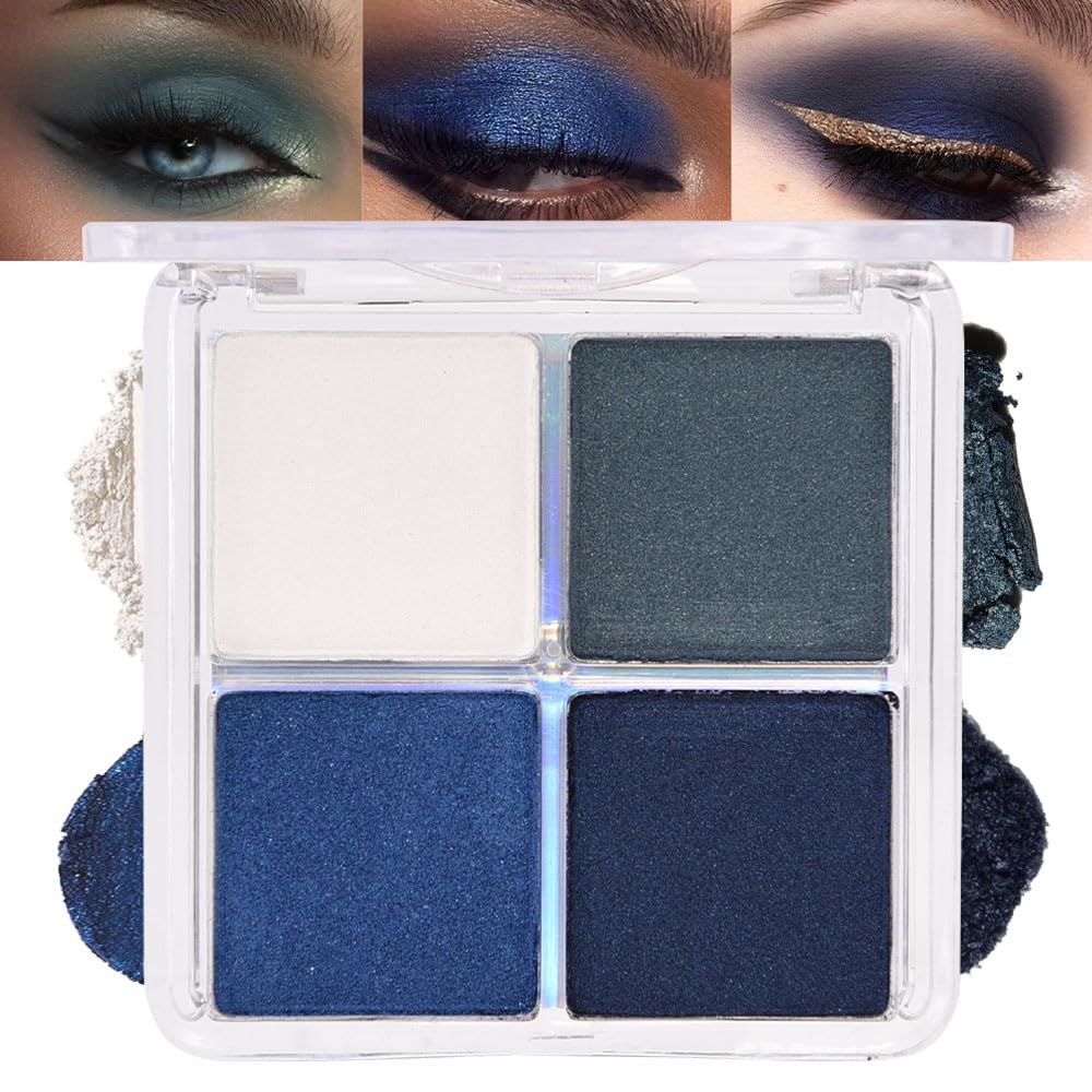 evpct Eyeshadow Quad Palette, White Cyan Royal Dark Blue Green Glitter Shimmer Metallic Matte High Pigment Mini Eye Shadow Palette Makeup for older Women, Smudge Proof Vegan Cruelty-free Night Mayhemt