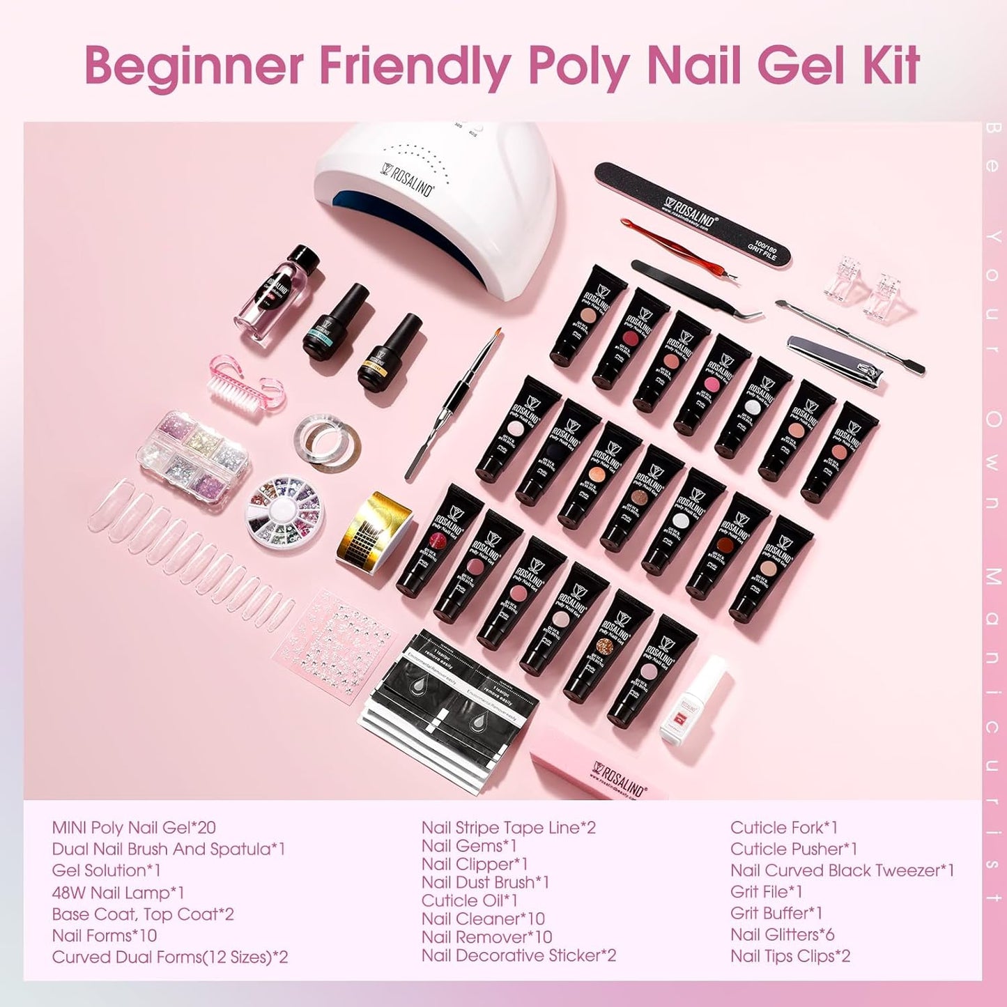 ROSALIND 20PCS Poly Nail Gel Kit -White Clear Poly Nails Gel Kit Starter Kit - Slip Solution Pro Nude Pink Nail Extensions Gel Set With UV Lamp Drill Nail Art Builder Kit