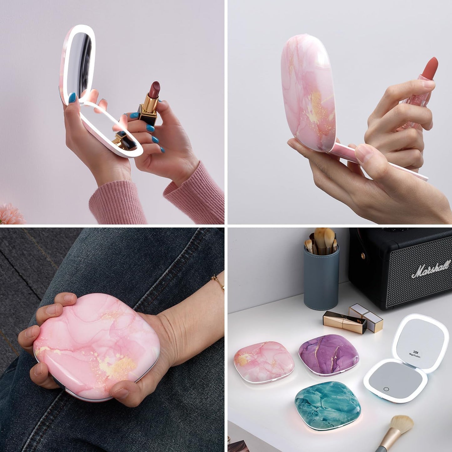 Mocado Compact LED Travel Makeup Mirror - 4 Inches 1X/10X Magnification Travel Mirror with Light Dimmable Double Sides Lighted USB Rechargeable Compact Mirror for Purse,Pocket,Travel(Pink Marble)