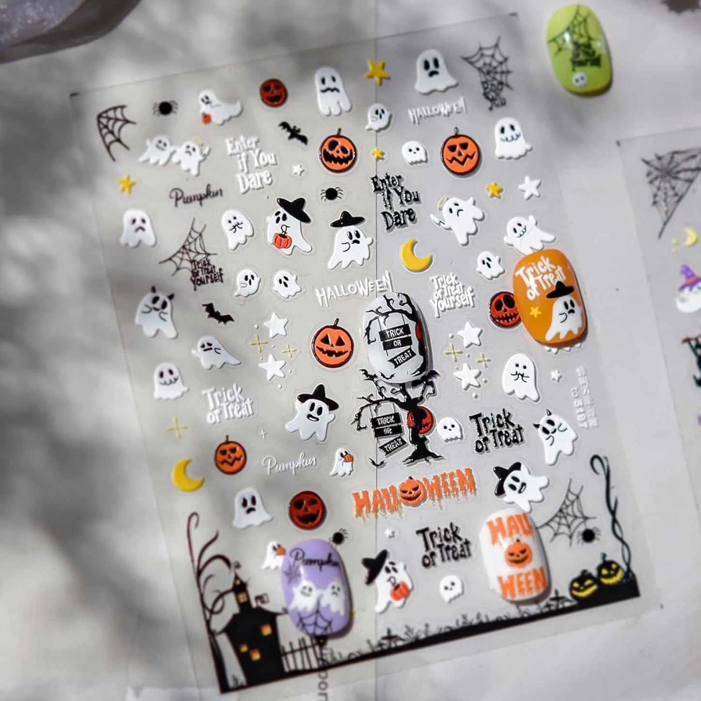 1 Sheet Halloween Nail Stickers 3D Self-Adhesive Cute Ghost Haunted House Nail Art Stickers Pumpkin Spider Web Nail Decals Moon Star Nail Designs Holiday Nail Art Decoration for Women Girls Manicure