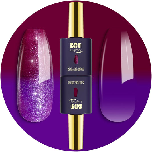 YTD Likomey Color Changing Gel Nail Polish 2 Pcs Set,15ml Purple To Dark Wine Red Pure Color and Glitter Nails Gel Kit,Thermal Ombre Change Colors Salon Manicure Fall Winter UV Varnish,WB2-7
