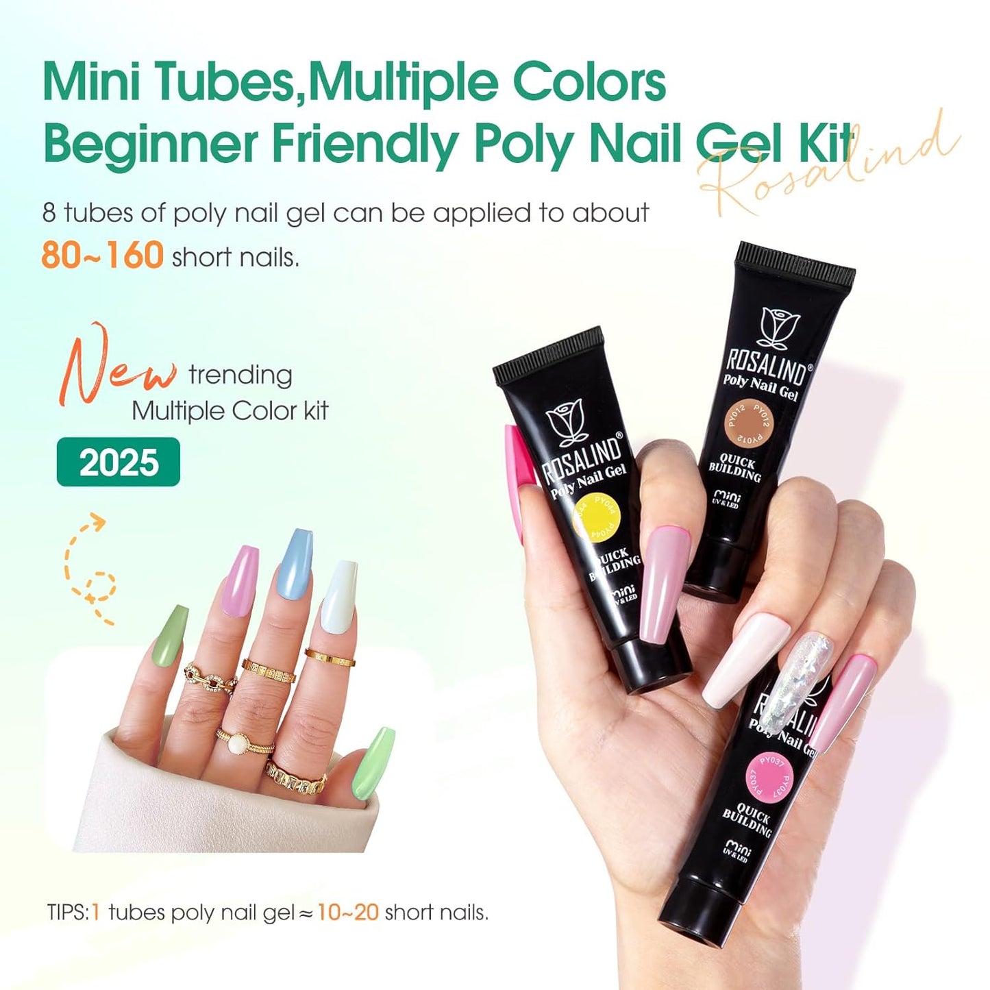 ROSALIND 8PCS Poly Nail Gel Kit with Mini U V/LED Lamp Pastel Poly Nails Gel Kit Starter Kits Yellow Green Blue Nail Extensions Gels Set