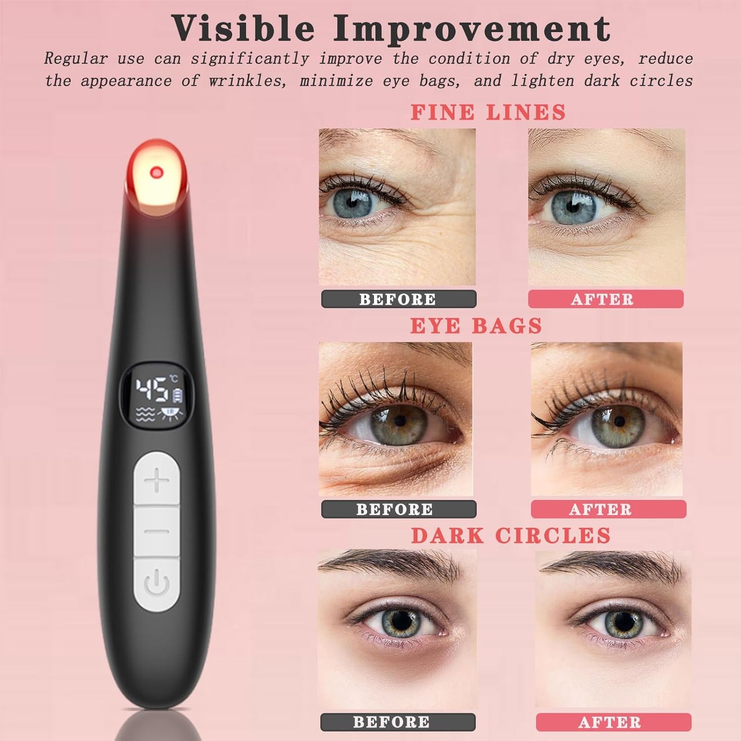 Eye Lift Wand, 3 in 1 Vibrating 98°F to 113°F LCD Eye Massager for Dry Eyes, Dark Circles and Puffiness, Face & Neck Lifting Tool for Fine Lines and Wrinkles, Black
