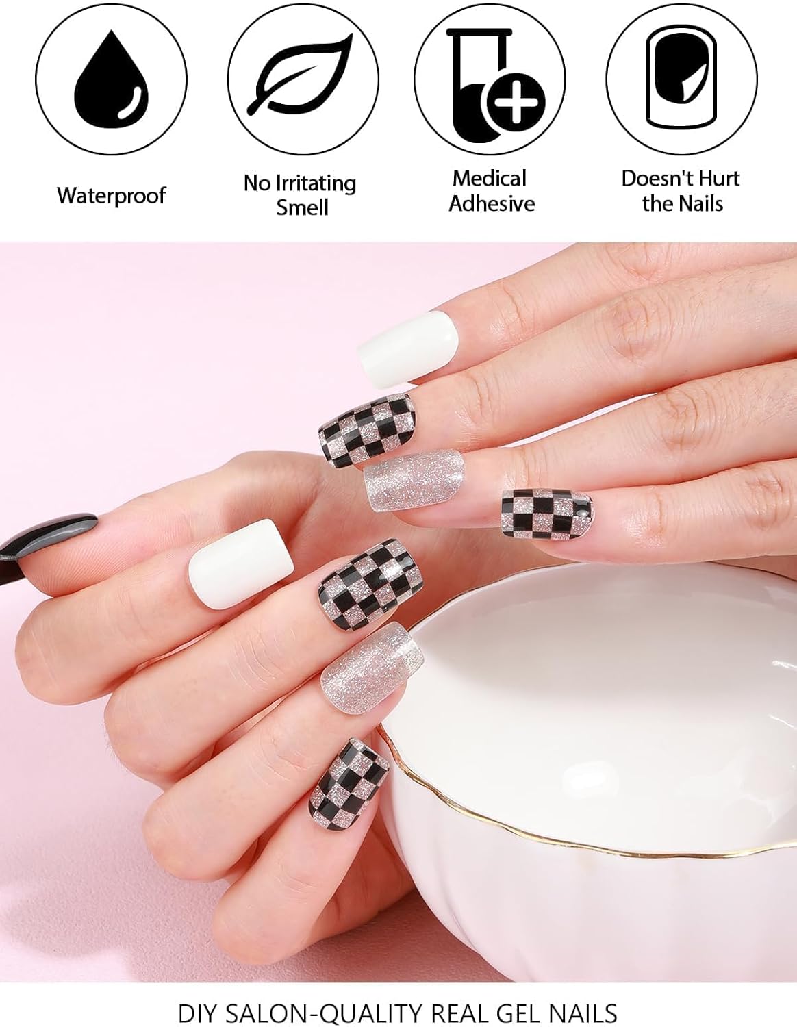 32PCS Semi-Cured Gel Nail Strips EBANKU Nail Polish Stickers Long-Lasting Semi-Cured Gel Nail Wraps Full Nail Polish Wraps Shiny Nail Decors Gel Nail Art Stickers UV/LED Lamp Required (Black Plaid)