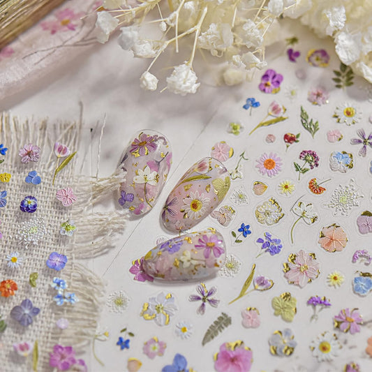 Flower Nail Stickers for Nail Art Floral Nail Decals with Gold Accent,Mini Flower Stickers for Nails Design 3D Self Adhesive Nail Supplies & Decorations for Women Girls,1 Sheet DIY Manicure Decor