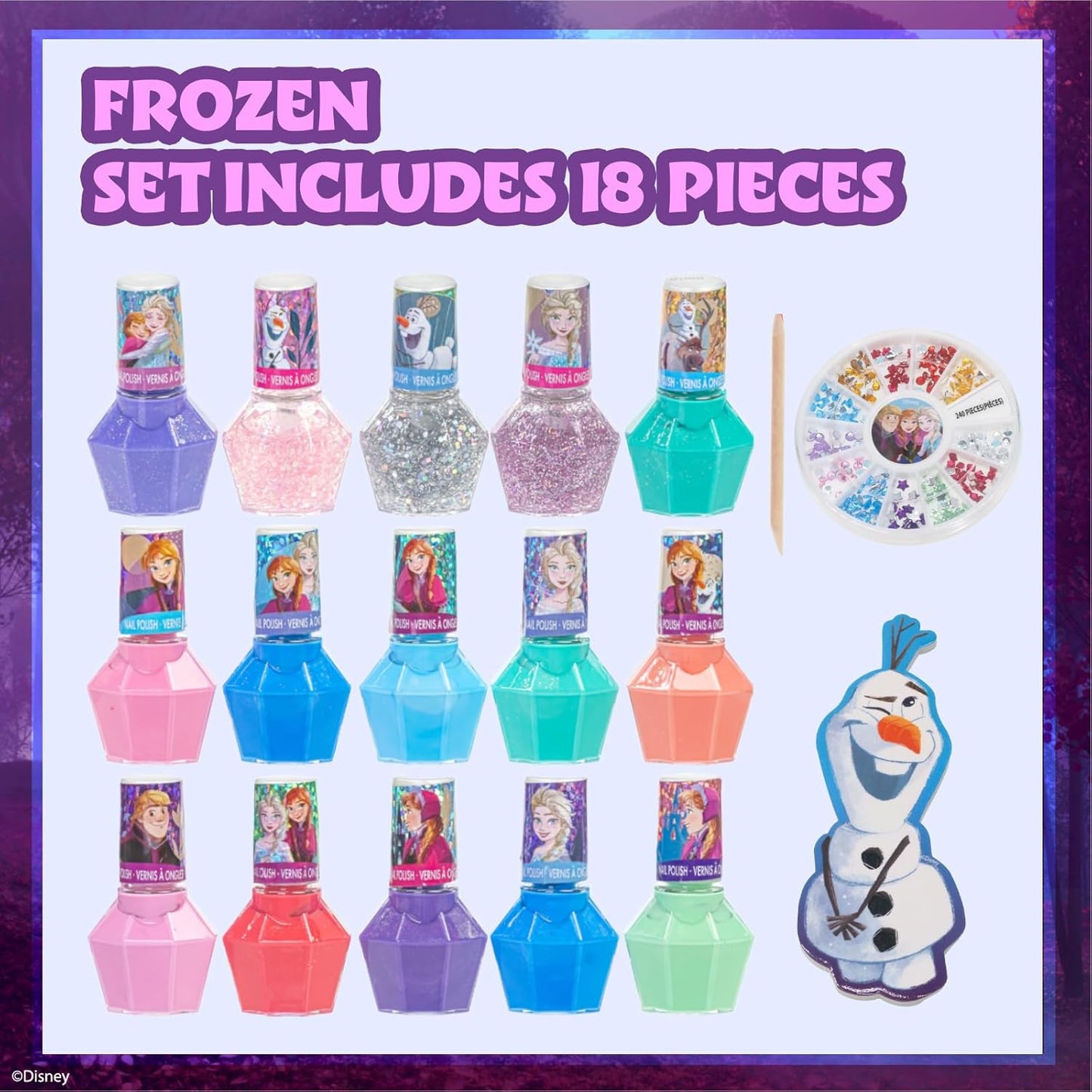 Townley Girl Disney Frozen Non-Toxic Peel-Off Nail Polish Set with Shimmery and Opaque Colors with Nail Gems for Girls Ages 3+, Perfect for Parties, Sleepovers and Makeovers, 18 Pc Set