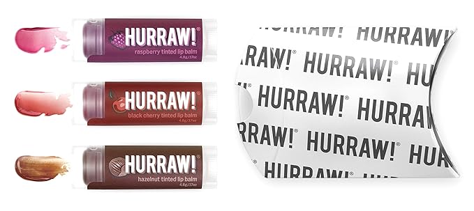 Hurraw! Raspberry Tinted, Black Cherry Tinted, Hazelnut Tinted Lip Balms, 3 Pack Bundle: Organic, Certified Vegan, Cruelty & Gluten Free. Non-GMO, 100% Natural. Bee, Shea, Soy & Palm Free. Made in USA