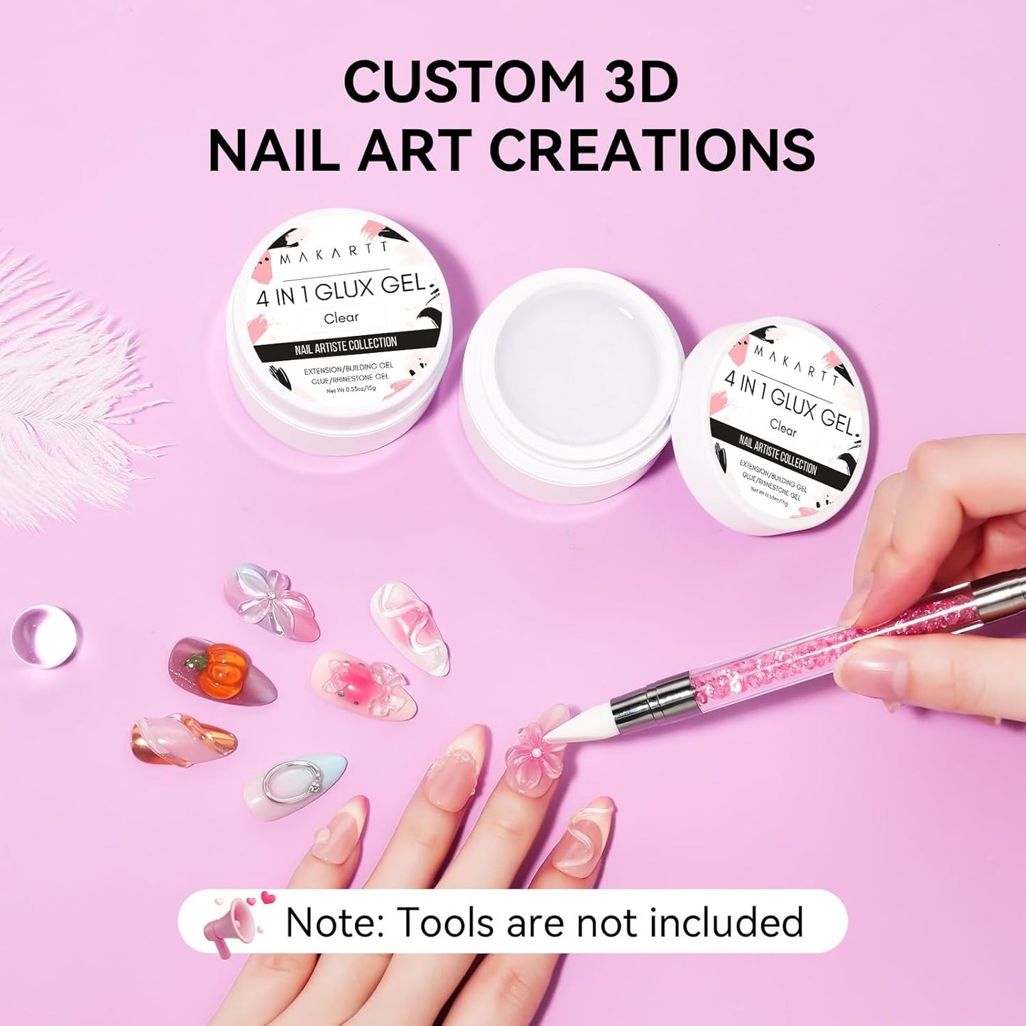 Makartt 3D Gel Nail Art: 4 in 1 Clear Solid Gel Builder for Extension UV Nail Glue for Acrylic Nails Rhinestones 3d Sculpting Gels Hard Gels for Nails UV/LED Nails Lamp Required 15ML 2 Bottles