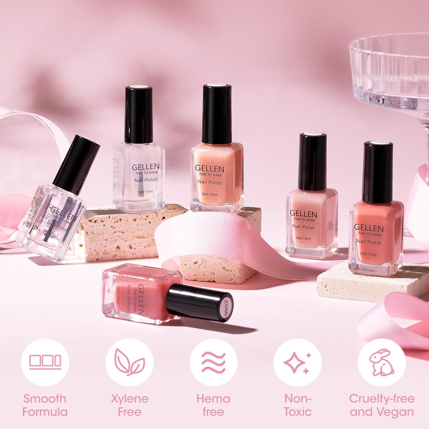 GELLEN Sheer Pink Nail Polish & Clear Base Top Coat Nail Polish, Light Pink Jelly Nails Polishes Summer Spring 6pcs Set, Quick Air Dry Non-Gel Traditional Regular Nails Polishes, Hema Free, Non-toxic