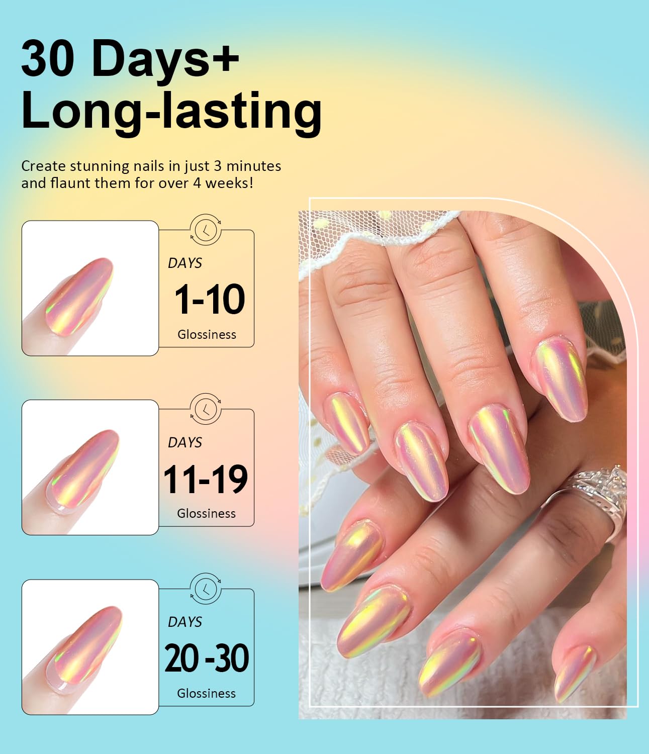 Gold Chrome Nail Powder BISHENGYF -【Metallic Mirror Effect】Pearl Chrome Nail Powder White Aurora Mermaid Iridescent Silver Nail Chrome Powder Metallic Mirror Glitter Pigment Dust For Nail Art DIY