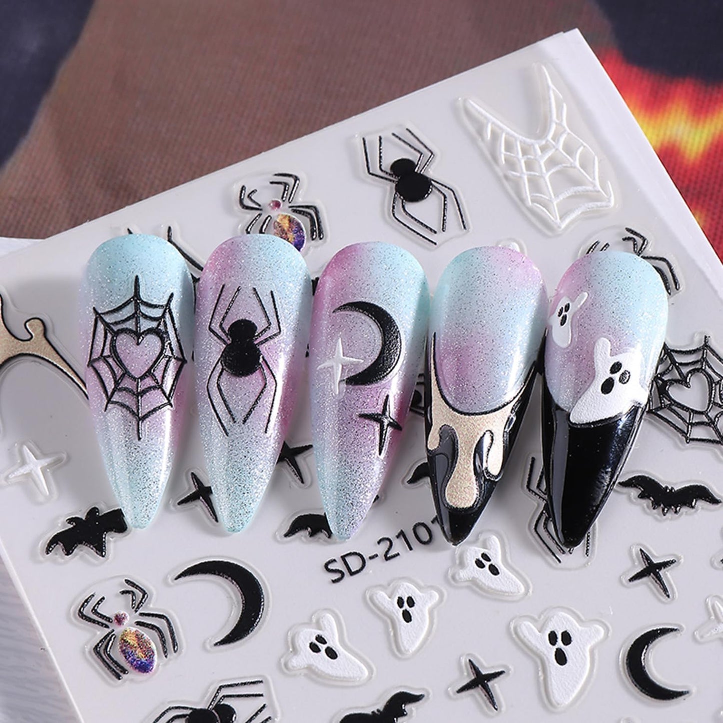 Embossed Halloween White Ghost Nail Stickers Decals Black Spider Web Bat Nail Art Sticker Decal Blood Drop Nails Sticker Self-Adhesive Spider Nails Decal for Women Halloween Decor