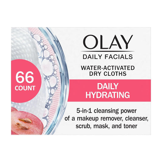 Olay Daily Facials, Daily Clean Makeup Removing Facial Cleansing Wipes, 5-in-1 Water Activated Cloths, Exfoliates, Tones and Hydrates Skin, 66 count
