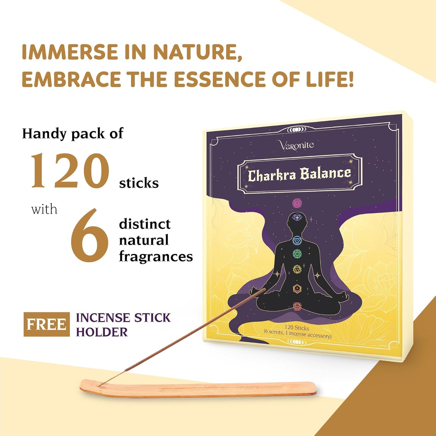 Incense Sticks - Charka Balance Incense Stick Variety Pack of 6 (120 Insence-Sticks) with Holder: Sandalwood, Bergamot, Jasmine, Lavender, Rose, Vanilla – 7 Chakras Inscents-Stick