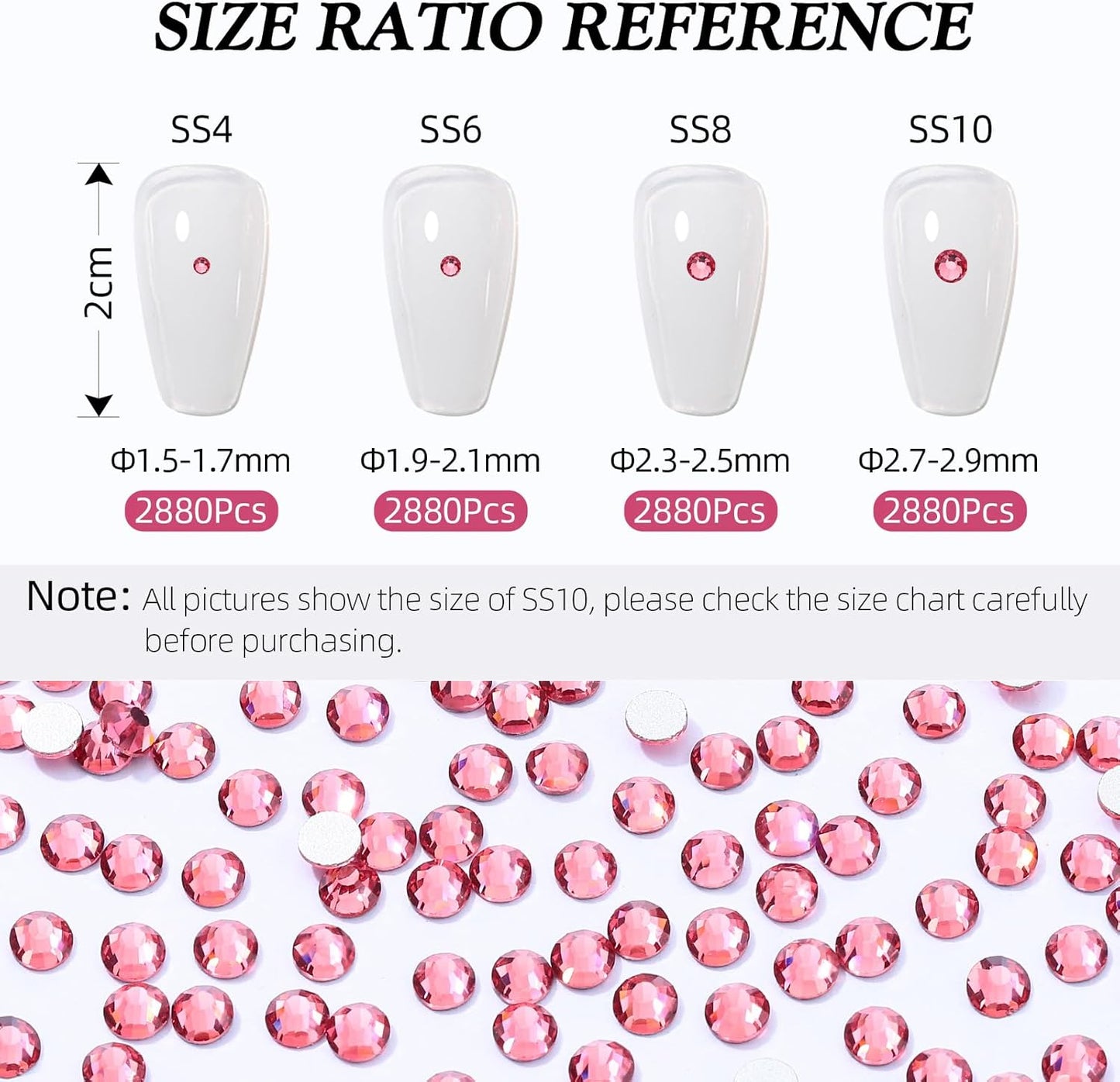 Rose Flatback Rhinestones, Glass Rhinestones for Nail Art and Craft, Glue Fix, Loose Crystal Gemstones(Rose, SS6, 2880pcs, 1.9-2.0mm)