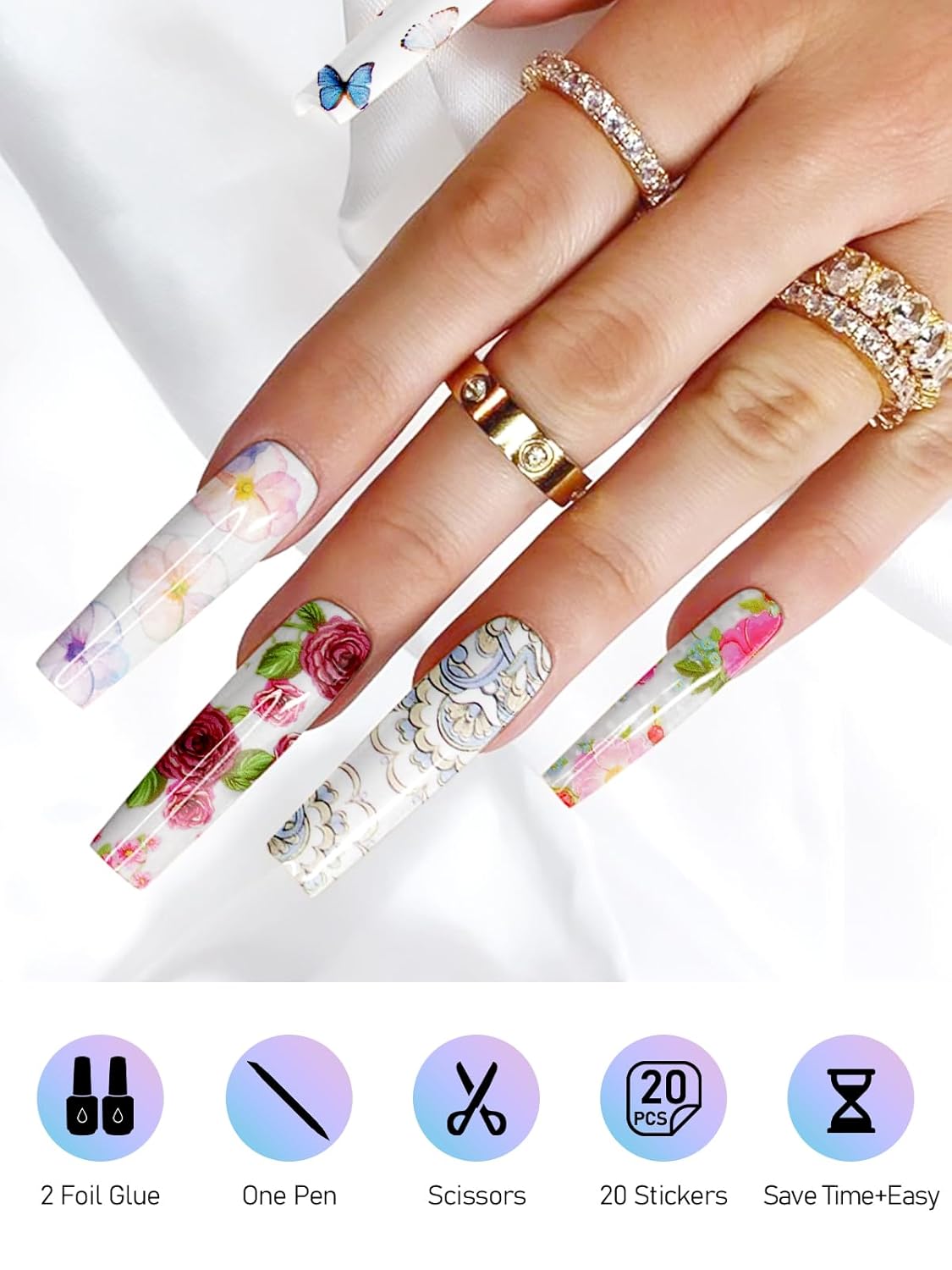 Kalolary 30ML Nail Foil Glue Gel with 20Pcs Foil Transfer Stickers Set, Starry Sky Lace Flower Transfer Stickers DIY Decoration for Salon or Home Use