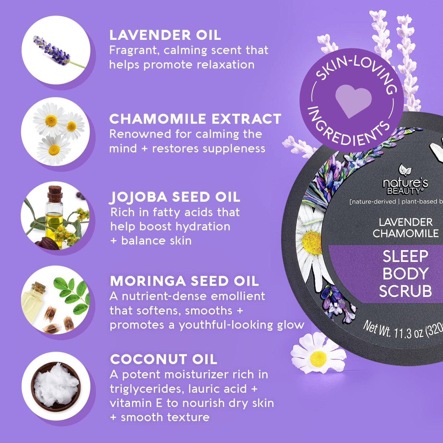 Nature's Beauty Lavender Chamomile Sleep Body Scrub Multi-Pack - Gently Exfoliate, Moisturize & Sooth Combination to Dry Skin, Made w/Coconut, Jojoba + Moringa Seed Oils, 11.3 oz (2 Pack)