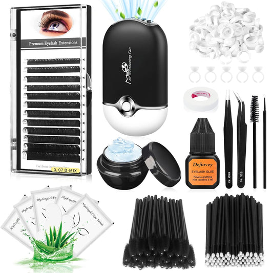 Eyelash Extension Kit - Individual Lash Extensions Supplies with 0.07D Curl Mix 8-15mm, Glue, Remover, USB Lash Fan, Tweezers, Eye Gel Pads, Micro Brushes, Mascara Brushes