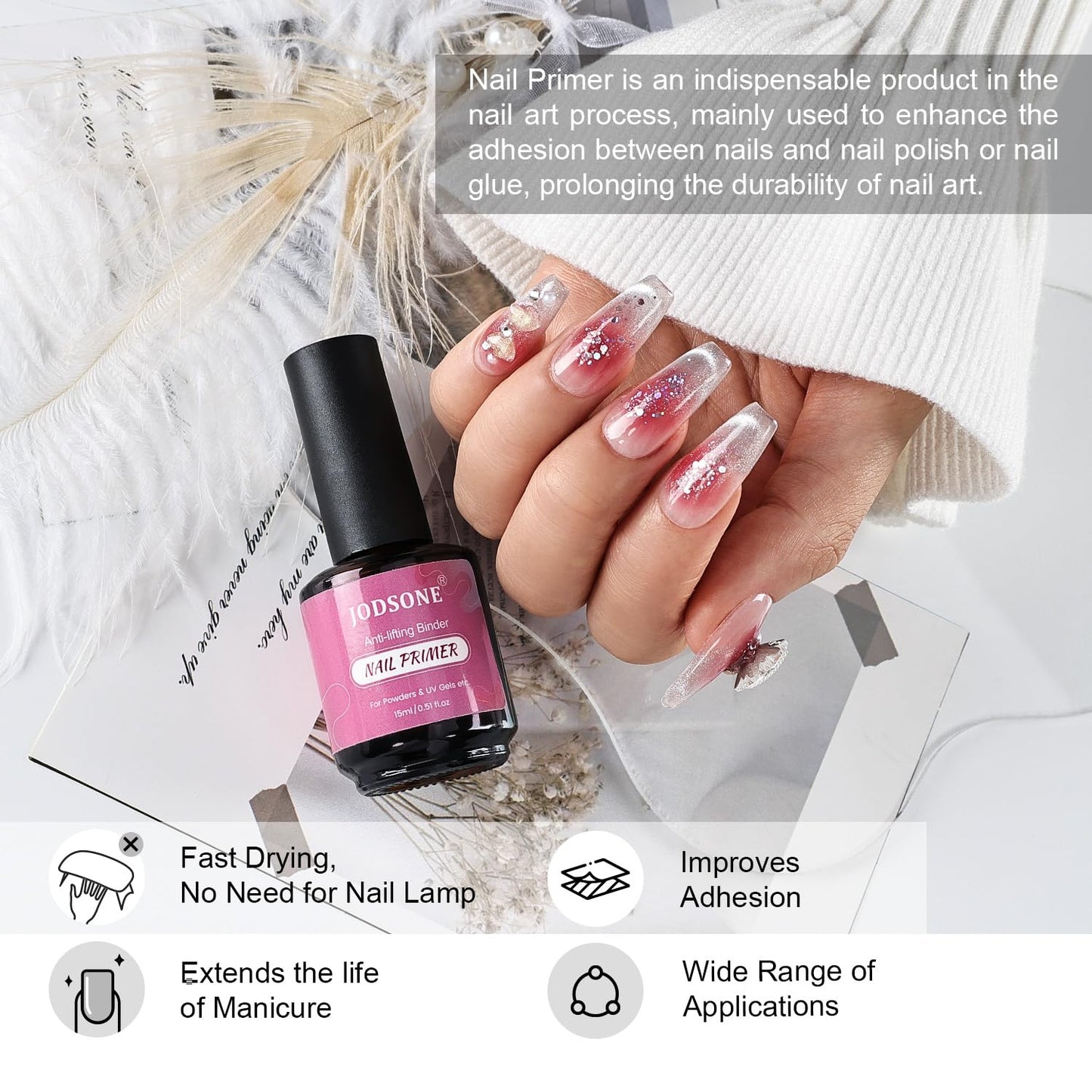 JODSONE 4 Bottles of 15ML Nail Primer Base Coat Top Coat and Builder Gel Which Helps Better Fit the Gel Polish