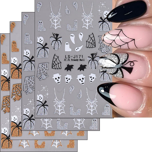 Halloween Nails Stickers Glitter Ghost Nails Sticker 3D Embossed Silver Gold Glitter Pumpkin Self Adhesive Sticker Nail Decals Web Nail Art Decal Halloween Decals for Nail DIY Manicure 4Sheet