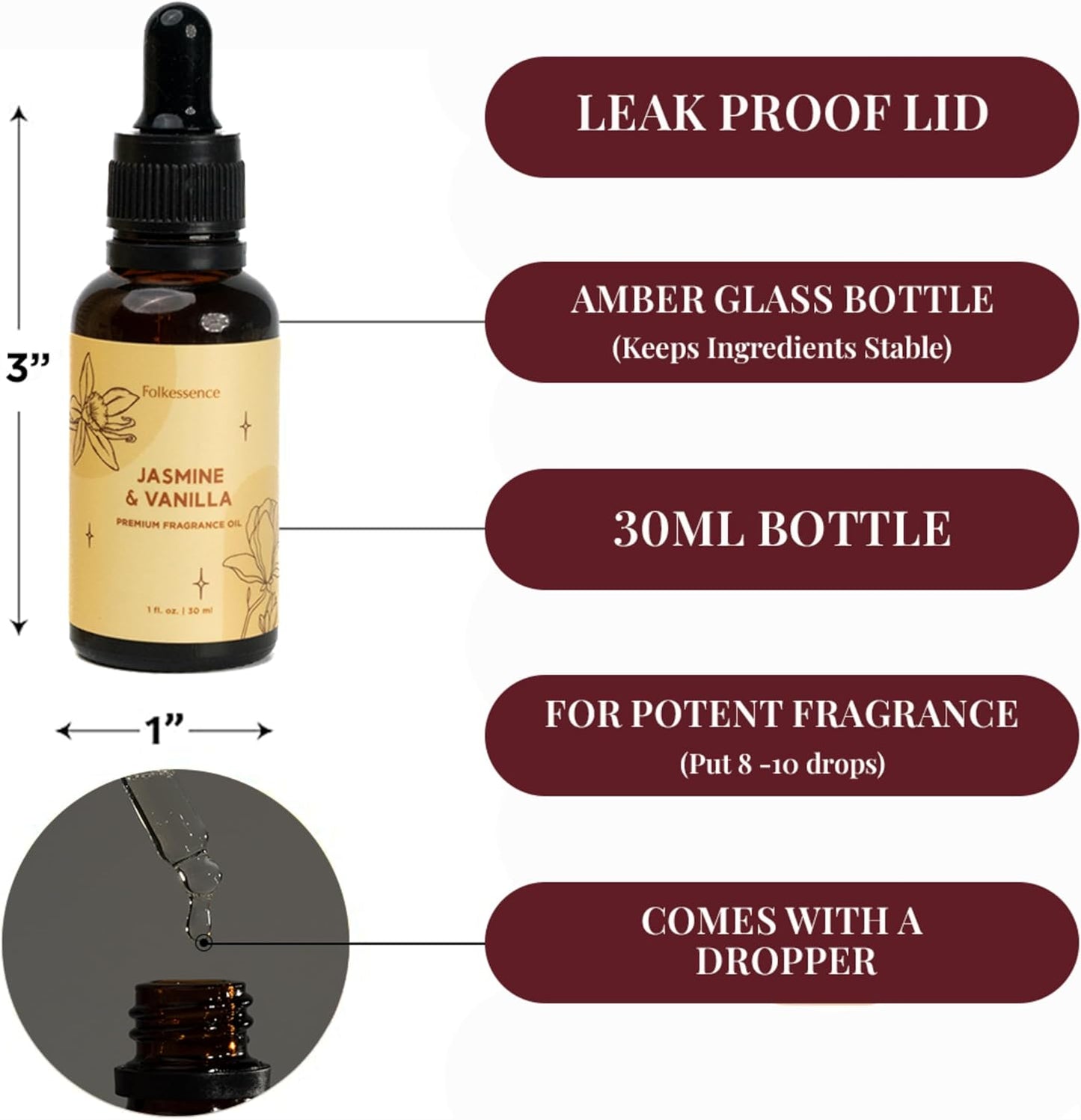 Folkulture Premium Essential Oil Blends for Diffuser for Home | 1.01 Fl Oz Vanilla Essential Oils for Aromatherapy | Jasmine Fragrance Oils for Soap & Candle Making Scents | Diffuser Oil for Massage