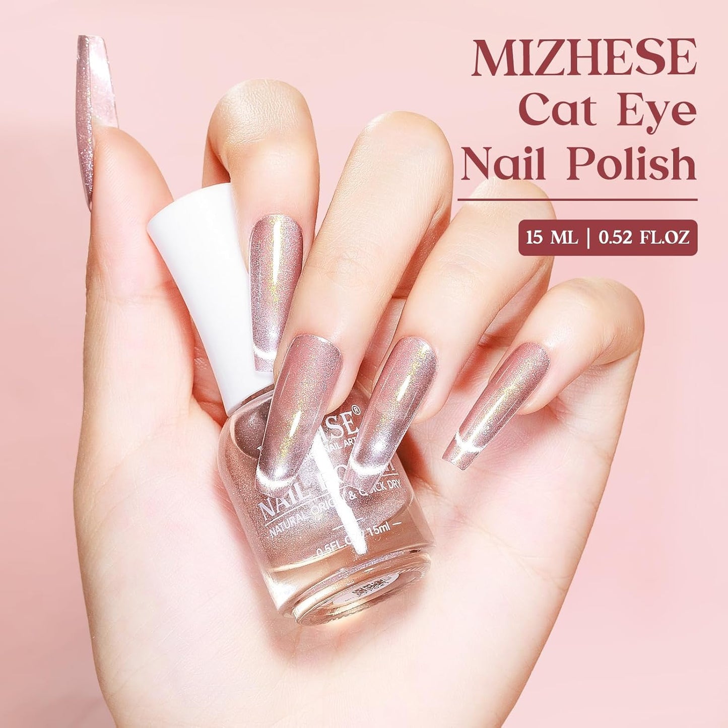 MIZHSE Quick Dry Cat Eye Nail Polish, Shimmery Pink Magnetic Nail Polish with Magnet, Air Dry Fast Nail Lacquer 15ml Reflective Cateye Polish for Women Girls Manicure DIY Home