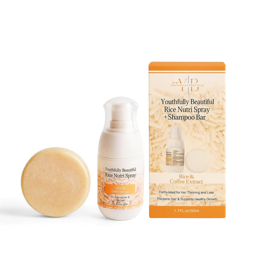 Youthfully Beautiful Rice Nutri Spray and Shampoo Bar Set Rice and Coffee Extract for Thinning Hair and Loss Hair Growth Support Natural Solid Cleanser Scalp Treatment Thickening Nourishing Care