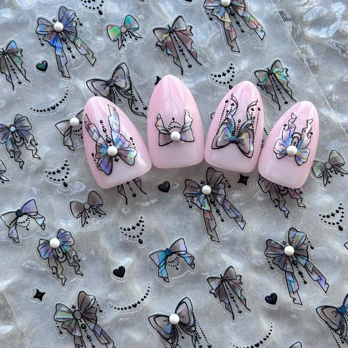 Aurora Bow Nail Art Sticker 3D Self-Adhesive Bowknot Nail Decals Designs Holographic Bow Nail Cute Supplies Sticker or Women Acrylic Nail Art Decoration DIY 1Sheet