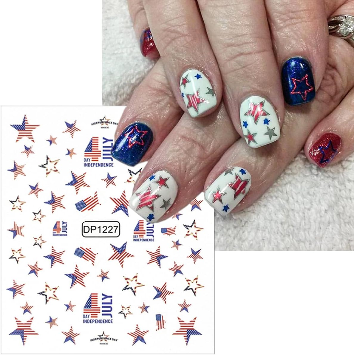 6Pcs Independence Day Nail Art Stickers Patriotic American Flag Heart Balloon Fireworks Nail Design 4th of July Nail Stickers 3D Self-Adhesive Star Nail Decals Decoration for Women DIY Nail Supplies