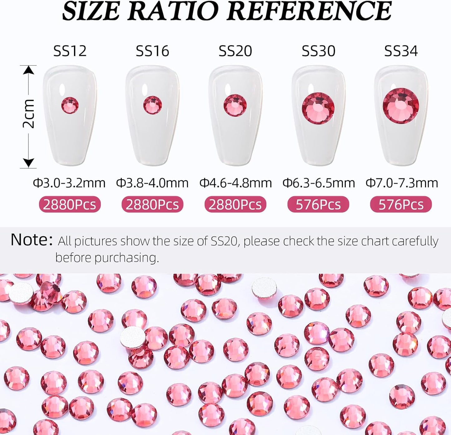 Rose Flatback Rhinestones, Glass Rhinestones for Nail Art and Craft, Glue Fix, Loose Crystal Gemstones(Rose, SS34, 576pcs, 7.1-7.3mm)