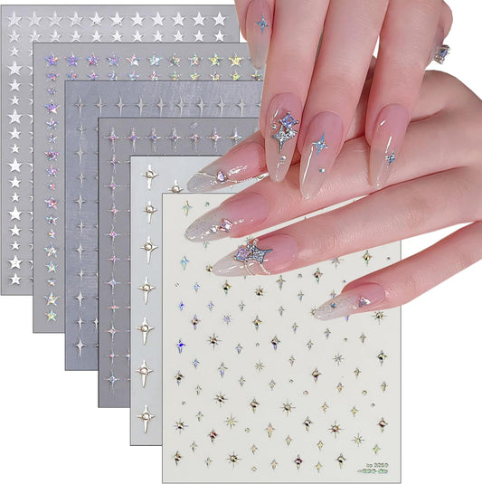 Holographic Star Nail Stickers 3D Glitter Silver White Stars Nail Design Nail Art Supplies Laser Star Nail Decals Self-Adhesive Nail Decoration Kit for Women Girls DIY Manicure Tips 6 Sheets