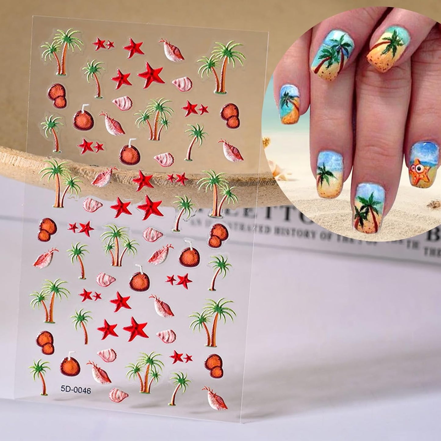 Summer Nail Art Stickers Decals Beach Style Nail Decals Self Adhesive 5D Shell Coconut Tree for Women Nails Design Decoraion 3D Beach Mails Stickers Supplies