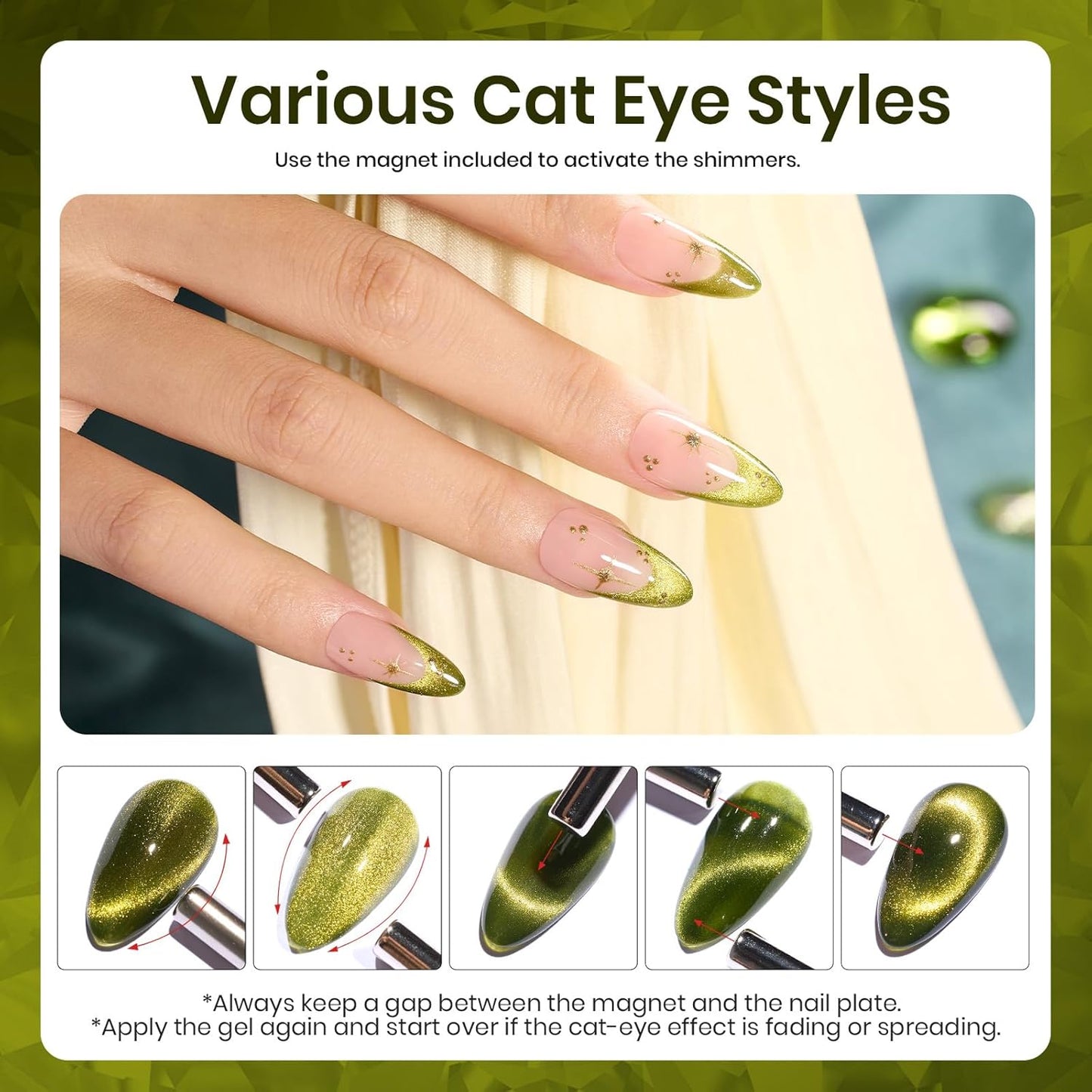 Beetles Olive Green Cat Eye Gel Nail Polish, 15ML Holographic Glitter Magnetic Soak Off UV Nail Art Manicure Gifts for Women