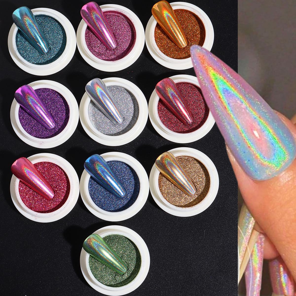 10 Colors Holographic Laser Nail Powder, Holo Aurora Iridescent Metallic Mirror Laser Effect Chrome Pigment Glitter Dust for Nail Art DIY Decorations, Sponge Tool/10PCS, Nail Swatch Sticks/24PCS