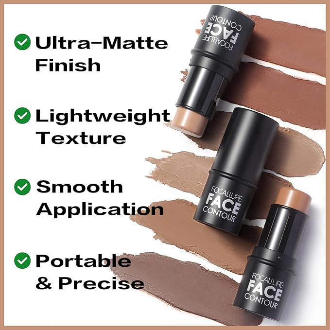 FOCALLURE Cream Contour Stick, Matte Bronzer Stick, Professional Face Shaping & Contouring Stick Makeup, Easy to Apply with Buildable Coverage, Long Lasting & Sweatproof, BROWN