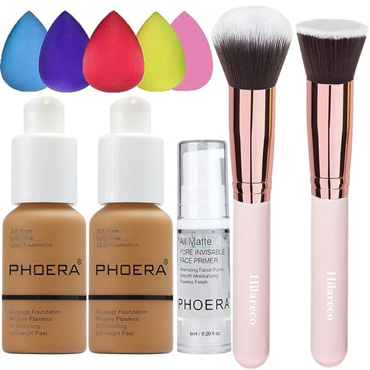 PHOERA Foundation Makeup for Wome Full Coverage Foundation Set,Face Primer Foundation Brush Powder Brush,5 Makeup Sponge,30ml PHOERA 24HR Matte Oil Control Concealer (111 Chestnut)