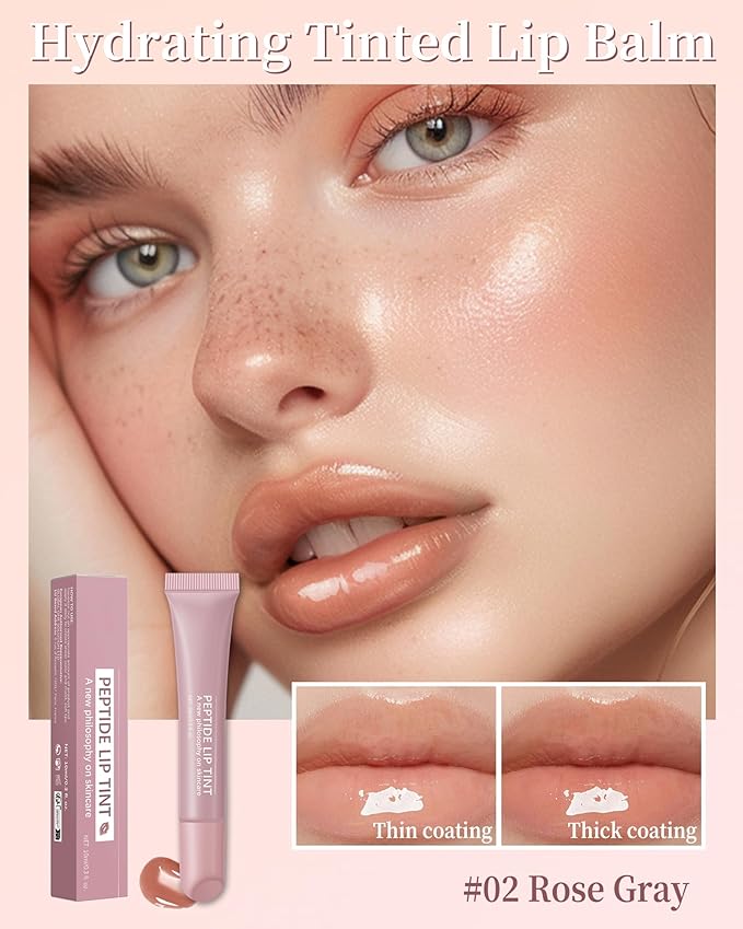 Tinted Lip Balm-1Pcs Rose Gray Peptide Hydrating Lip Tint Moisturizer,Jelly Glossier Lip Treatment Balm,Non-Stick Lip Care Glow Reviver Lip Oil, Yummy Glowy Lip Gloss, Thanksgiving Makeup for Women-02