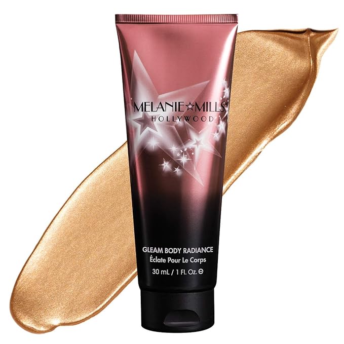 Melanie Mills Hollywood Gleam Body Radiance All In One Makeup, Moisturizer & Glow For Face & Body - Peach Deluxe, Mini 1 fl.oz.