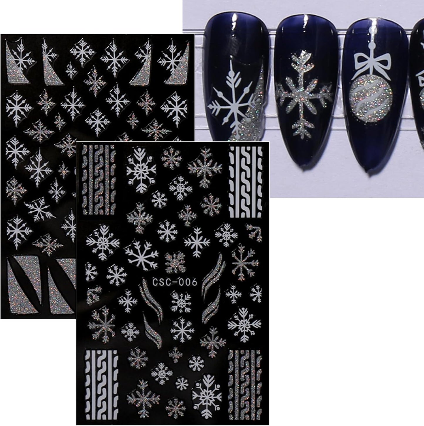 JMEOWIO 8 Sheets Christmas Glitter Nail Art Stickers Decals Self-Adhesive Snowflake Winter Holiday Cute Silver White Nail Supplies Nail Art Design Decoration Accessories