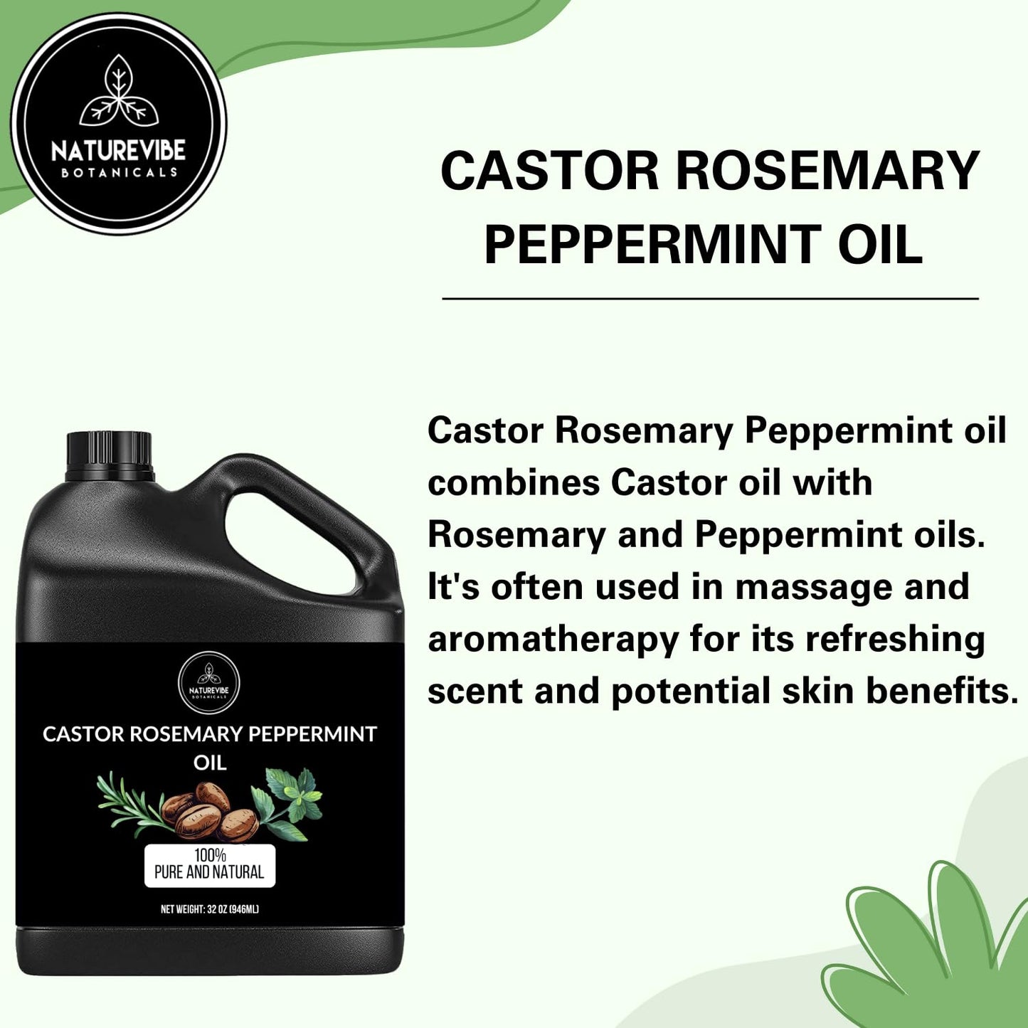 Naturevibe Botanicals Castor with Rosemary and Peppermint Oil 32 Ounces | 100% Pure and Natural | Great for Skin Care and Hair Care