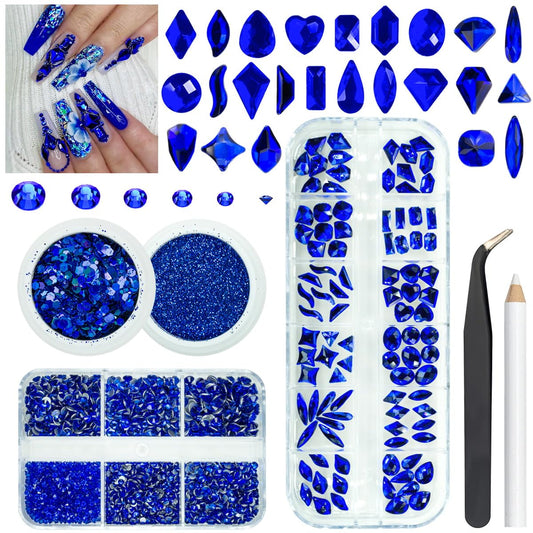 4 Boxes Royal Blue Nail Rhinestones and Glitters 24 Shapes K9 Glass Gems Diamonds Flatback Round Stones Crystals Sapphire Nail Art Charms for Acrylic Nails Face Eyes Makeup DIY Crafts Tumblers