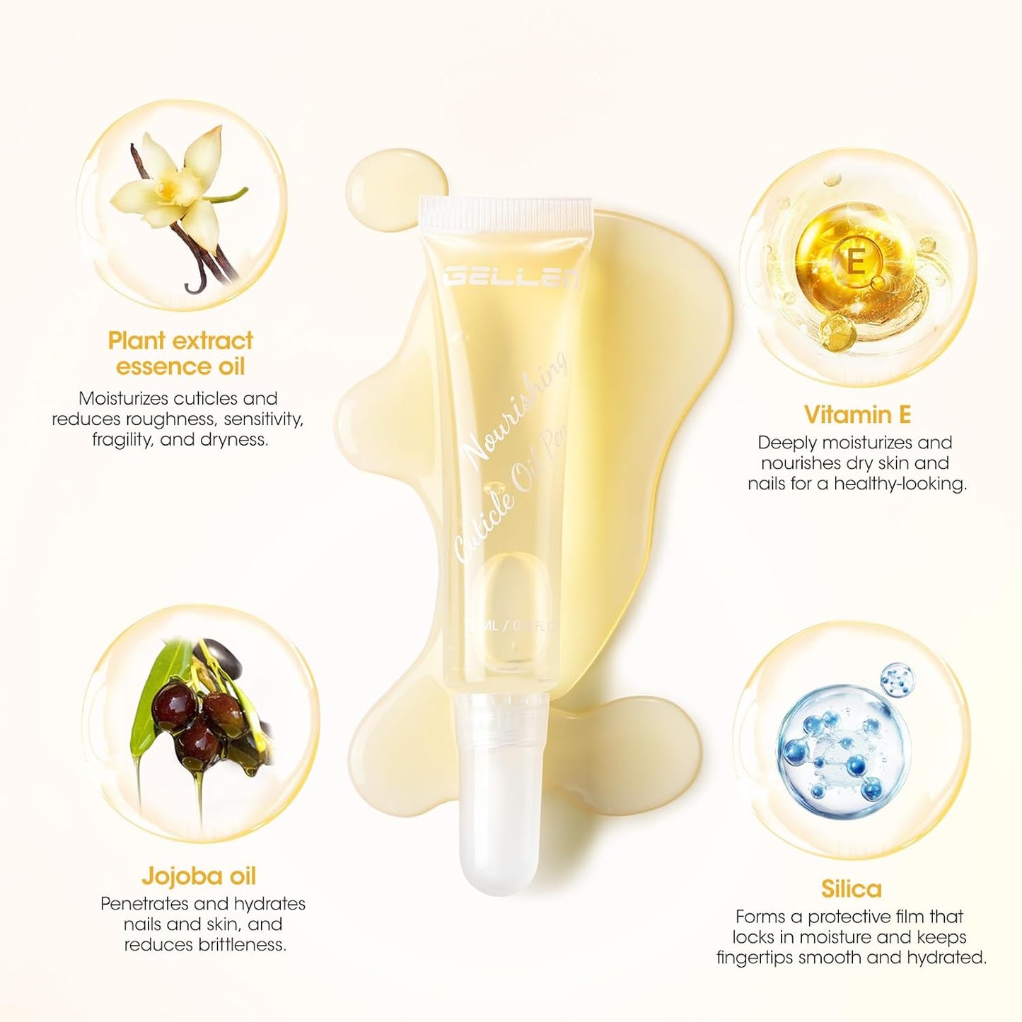 Gellen Cuticle Oil Pen for Nails, Vanilla Nourishing Nail Growth Oil, Jojoba & VE, Soften Cuticles Nails Strengthening, Leak-free Brush Applicator, Pro Nail Care for Brittle Dry Hands