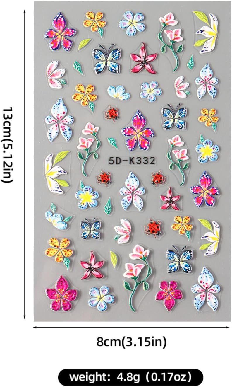 Stickers para Uñas Nail Stickers Self-Adhesive Sticker Colorful 3D Wild Flower Embossed Calcomanías para Uñas Floral Art Design Accessories Hight Quality 4 Sheets