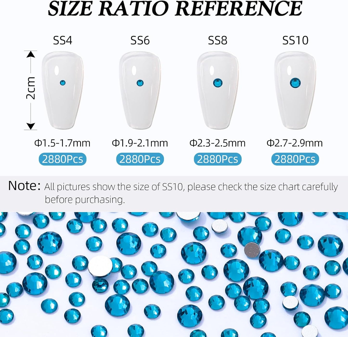 Malachite Blue Flatback Rhinestones, Glass Rhinestones for Nail Art and Craft, Glue Fix, Loose Crystal Gemstones(Malachite Blue, SS6, 2880pcs, 1.9-2.0mm)