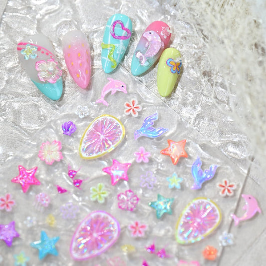 5D Embossed Ocean Life Nail Art Stickers Decals Self Adhesive Seashell Starfish Nail Decals Sea Colorful Designs Summer Nail Stickers Mermaid Manicure Sliders for Women DIY Nail Art Decorations