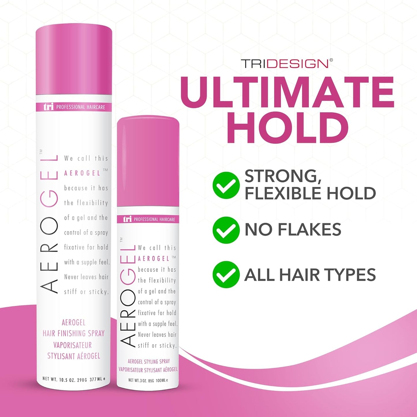 TRI Design Aerogel Hairspray - Strong Hold Hair Finishing Spray for Volumizing & Control, Flexible Styling for All Hair Types, Non-Sticky and Scented - For Women and Men - Pack of 2 (3 oz & 10.5 Oz)